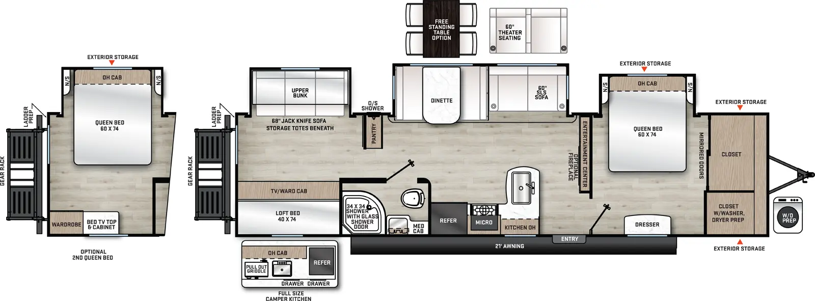 The 343BHTS has three slide outs and one entry. Exterior features a full size camper kitchen with pull out griddle, sink, drawers, refrigerator and overhead cabinet, 21 foot awning, front exterior storage, outside shower, and rear cargo rack. Interior layout front to back: closet with washer/dryer prep, off-door side queen bed slide out with overhead cabinet and night stands on each side, and door side dresser; entertainment center along inner wall; off-door side slide out with sofa and dinette, and wardrobe; door side entry, peninsula kitchen counter with sink wraps to door side with overhead cabinet, cook top, microwave, and refrigerator; door side full bathroom with medicine cabinet; and rear bunk room with door side lofted bed and TV/wardrobe below, and off-door side slide out containing COA cube futon and upper flip up bunk. Optional free standing dinette available in place of standard dinette. Optional fireplace available on living room entertainment center.